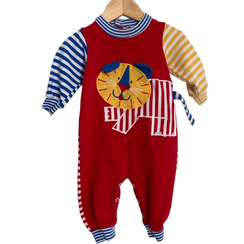Red Lion Applique Striped Sleeve Kids One-Piece